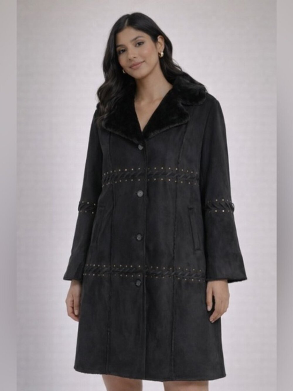 Regal Faux-Fur Black Studded Coat – Size L
